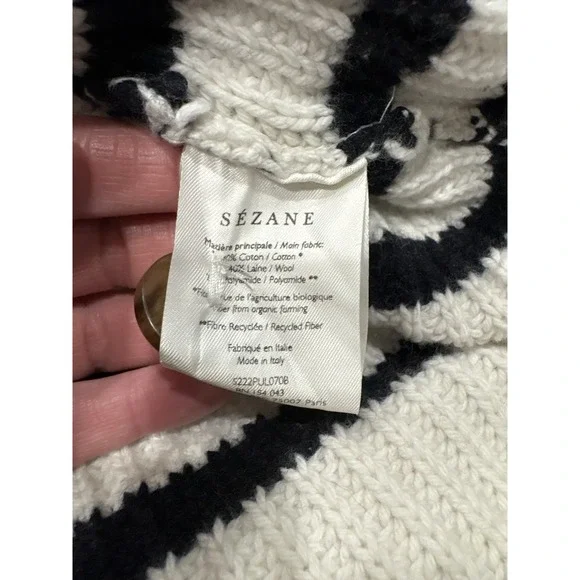 Sezane Ivory and Black Striped Button Henley Sweater - Picture 9 of 16
